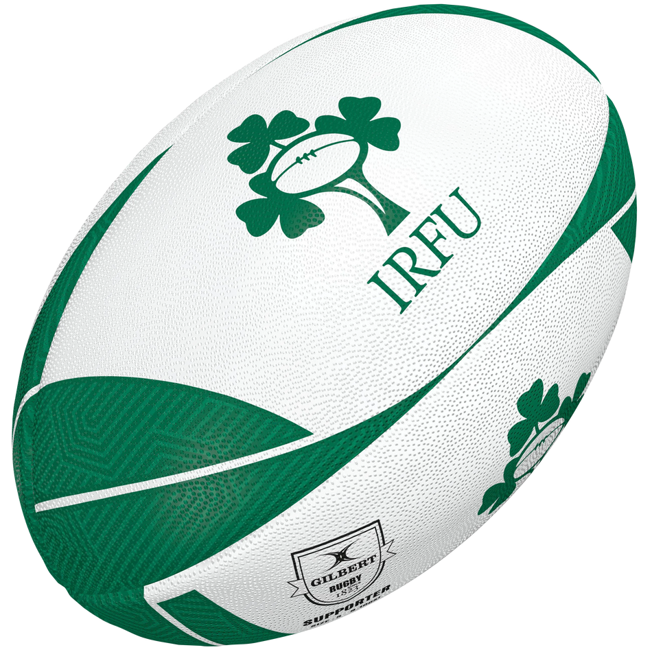 Show your Irish pride with the Gilbert Ireland Supporters Rugby Ball—white and green, featuring the IRFU logo with shamrock and rugby ball design plus the Gilbert logo. Ideal as rugby memorabilia or a unique gift.