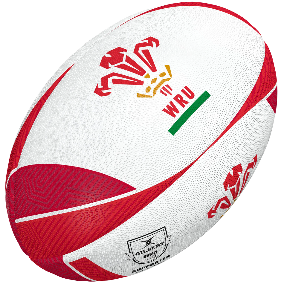 The Gilbert Wales Supporters Rugby Ball is a white and red supporter ball featuring the WRU logo and text, with Gilbert branding—a must-have piece of Wales rugby memorabilia.