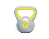 The Urban Fitness Vinyl Kettlebell, in gray with yellow accents and handle, features a 4 KG label on the front. Displayed on a white background, it’s perfect for enhancing functional strength and core stability.