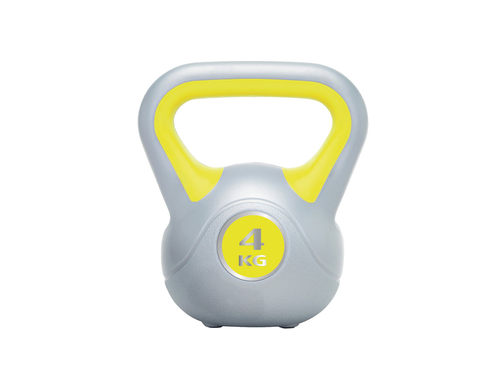 The Urban Fitness Vinyl Kettlebell, in gray with yellow accents and handle, features a 4 KG label on the front. Displayed on a white background, it’s perfect for enhancing functional strength and core stability.