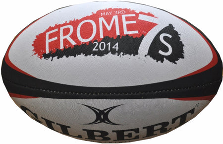 A custom Gilbert match or training rugby ball featuring black and red accents, the text FROME, May 3rd, 2014, a bold S, and partial Gilbert branding. Ideal for anyone wanting personalized rugby balls with logos.