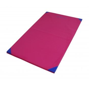 The Sure Shot Lightweight Mat 4ft x 3ft by Sure Shot is a rectangular pink EVA foam exercise mat with blue reinforced corners, lying flat on a white background. Its non-slip surface ensures secure workouts and easy portability.