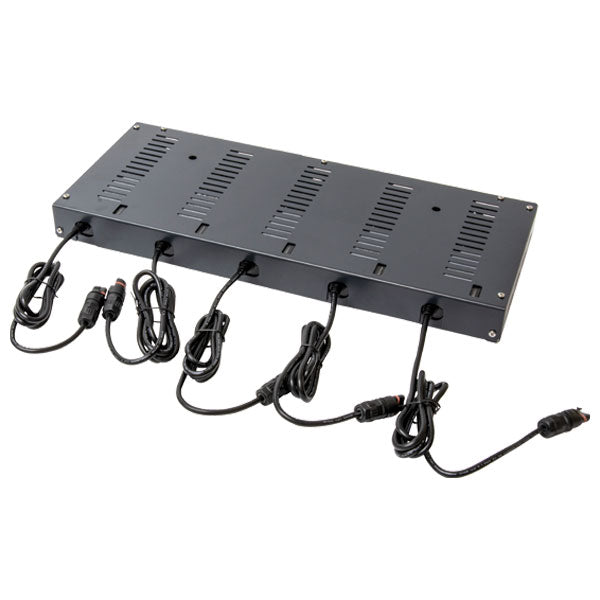 The Ritelite Sports Lite Five Way Charger is a rectangular black electronic device with multiple vents and six attached black power cables extending outward from its side.