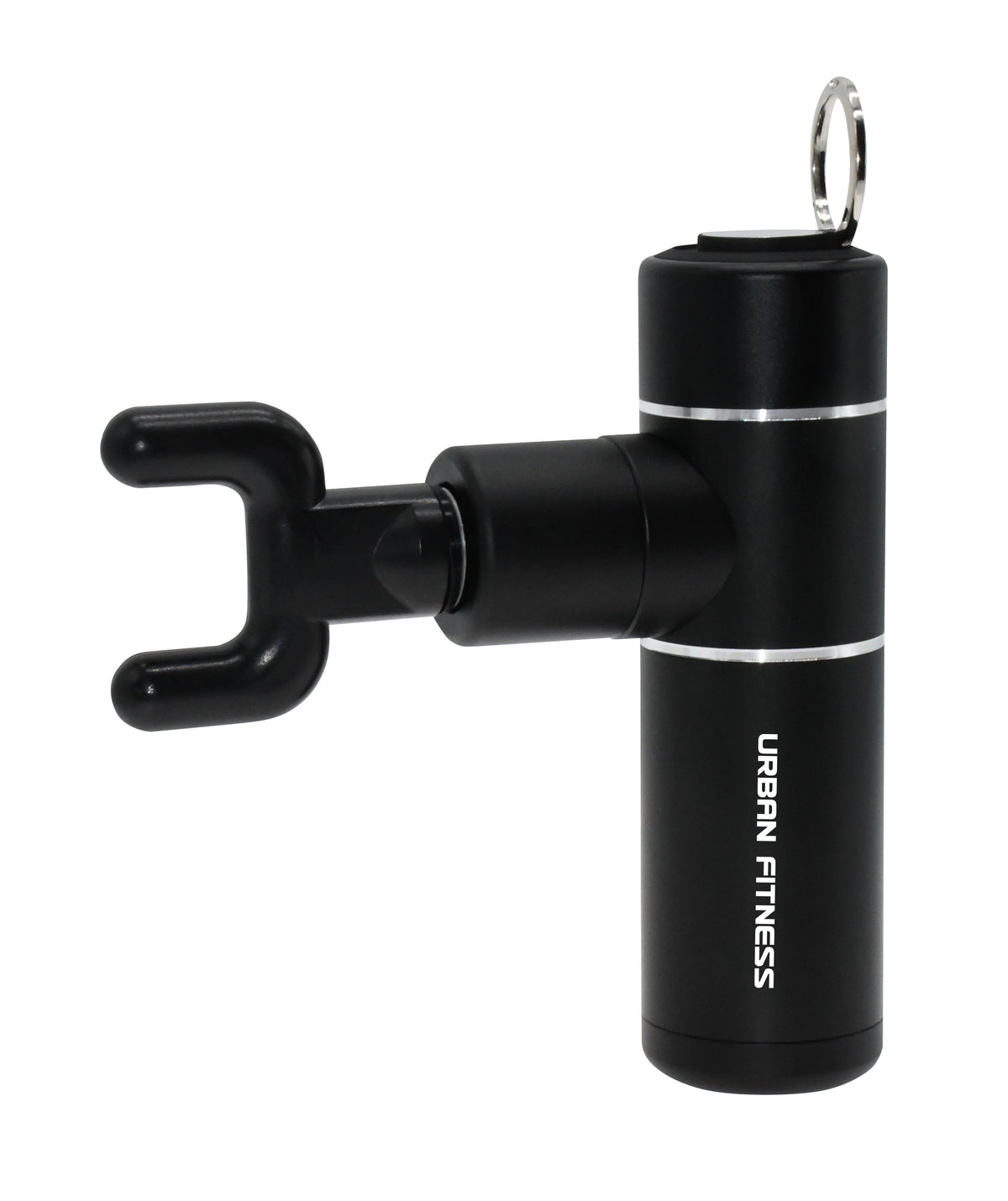 The Urban Fitness Mini Massage Gun is a black, cylindrical portable massager with a U-shaped attachment and metal keyring, designed for fitness use and muscle soreness relief.