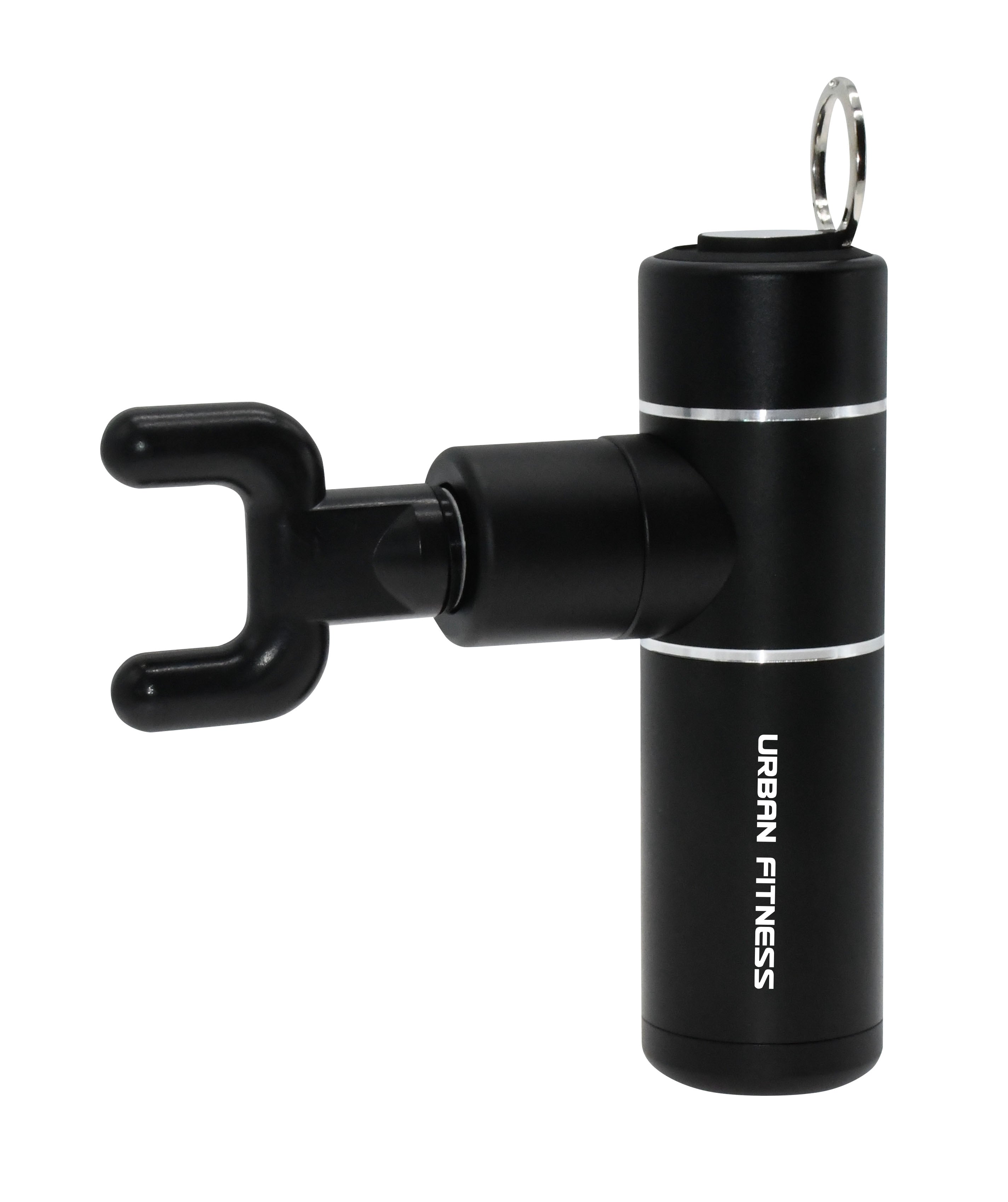The Urban Fitness Mini Massage Gun is a black, cylindrical portable massager with a U-shaped attachment and metal keyring, designed for fitness use and muscle soreness relief.