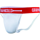 The Gray Nicolls CoverPoint Junior Jock Strap is a white athletic abdo guard with a red elastic waistband, ideal for young cricketers and designed for sports use.