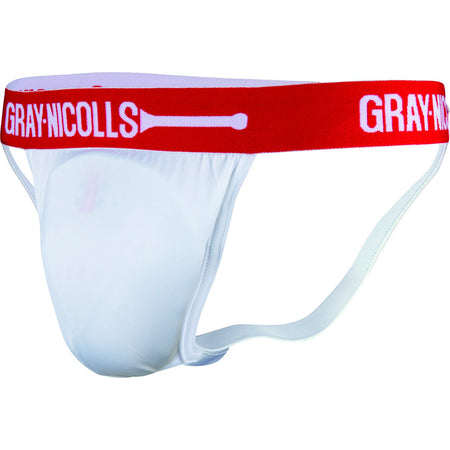 The Gray Nicolls CoverPoint Junior Jock Strap is a white athletic abdo guard with a red elastic waistband, ideal for young cricketers and designed for sports use.