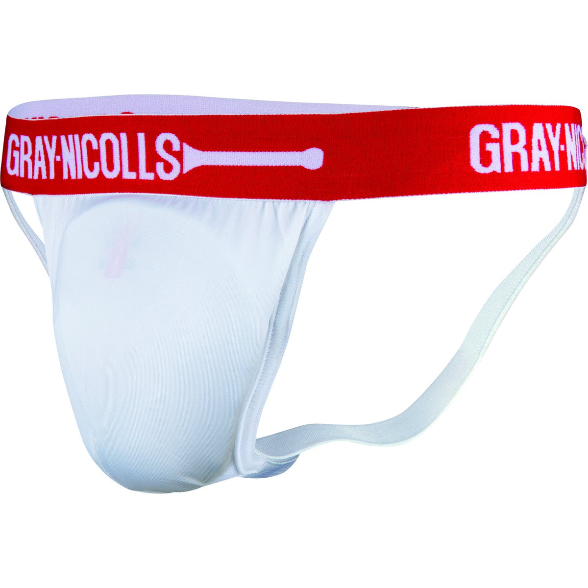 The Gray Nicolls CoverPoint Senior Jock Strap is a white athletic abdo guard with a red waistband, featuring the Gray Nicolls branding in white text.