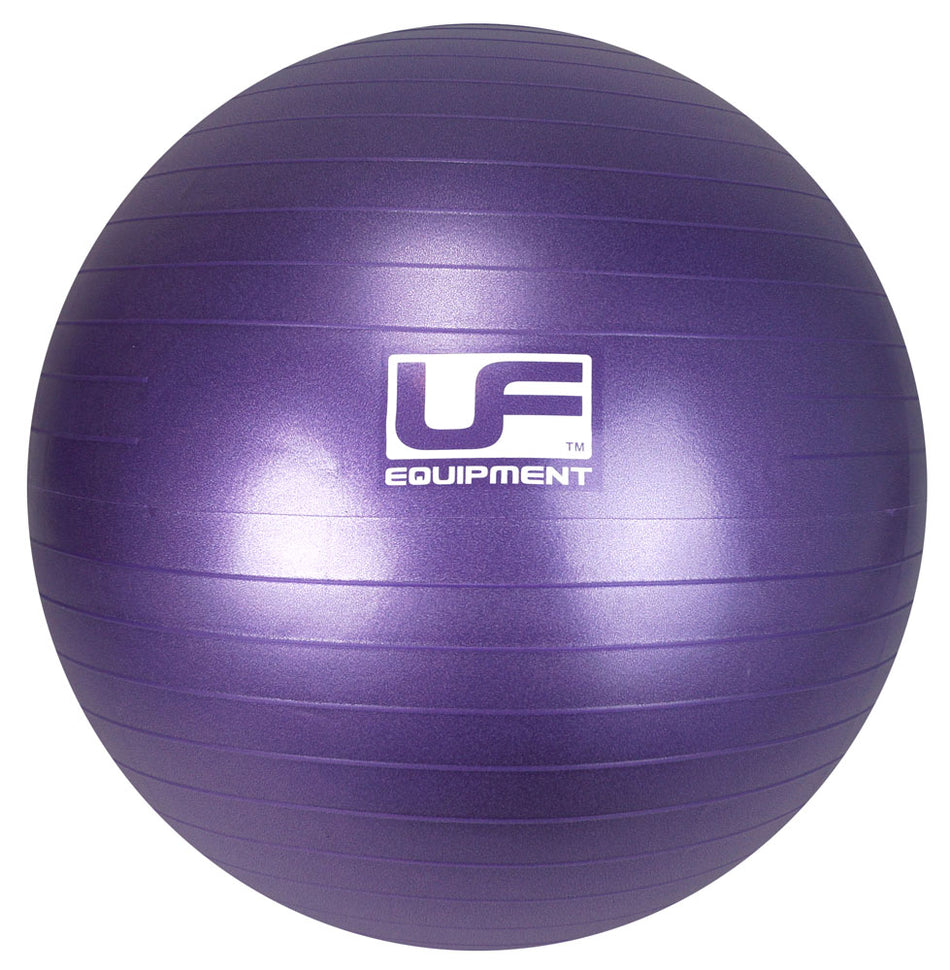 The Urban Fitness 500kg Burst-Resistant Fitness Ball 55cm is a shiny purple ball with horizontal grooves and a white Urban Fitness logo, designed to improve posture and resist bursting during workouts.