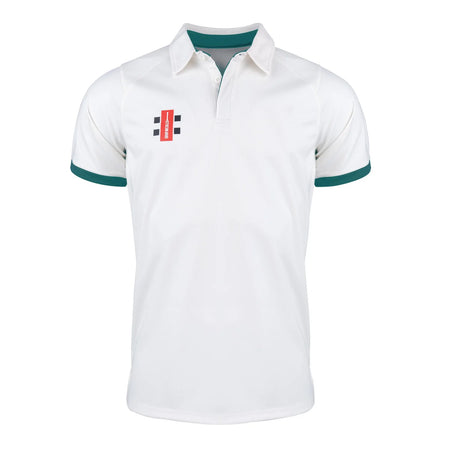 The Gray Nicolls Pro Performance V2 S/S Cricket Shirt is a white, slim fit top with a British collar, teal sleeve trim, breathable punch hole technology, and a small red, black, and white logo on the left chest.