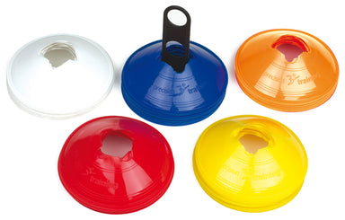 The Precision Training Saucer Cones - Set of 50 includes flat, round marker cones in five colors and a black holder. Each cone features a top opening, ideal for precise training drills.