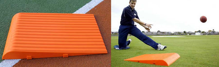 On the left is a close-up of the Katchet Training Aid by Katchet; on the right, a person slides on the grass toward the Katchet Training Aid while playing kickball.