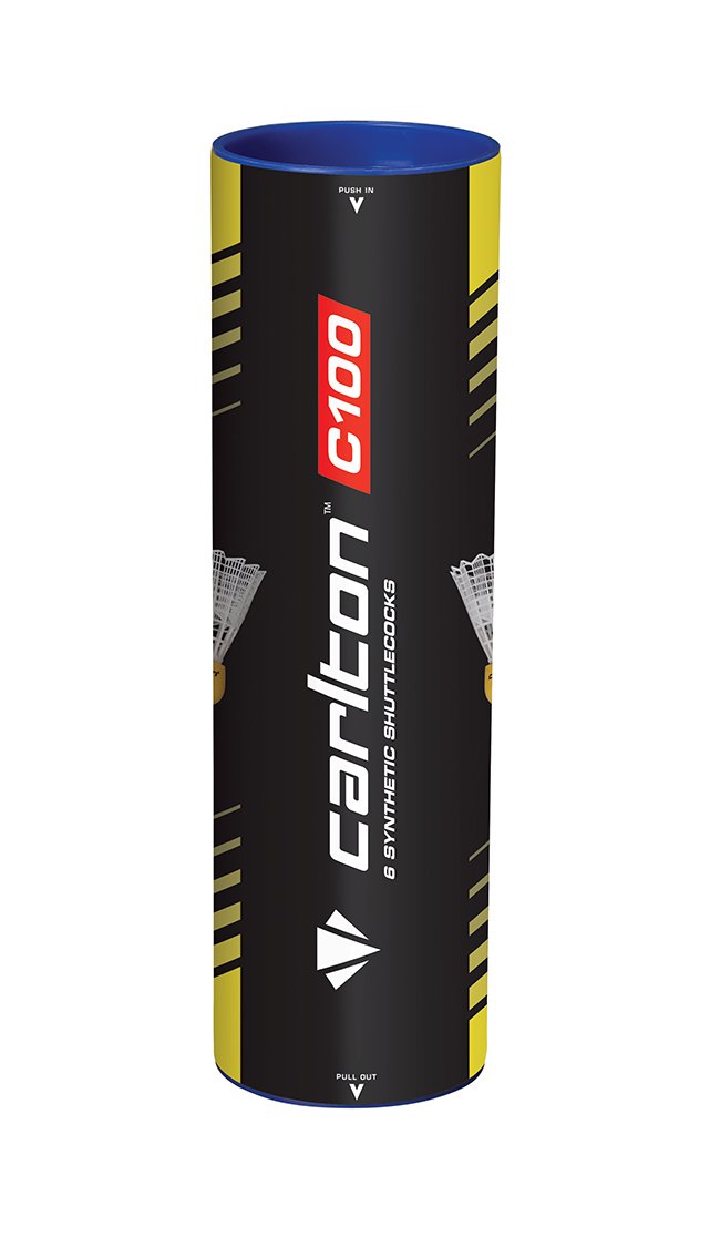 A cylindrical tube of Carlton C100 Shuttle by Carlton, featuring a black, yellow, and red design. The label reads "Carlton C100" with images of shuttlecocks and states it contains 6 beginner badminton shuttles.