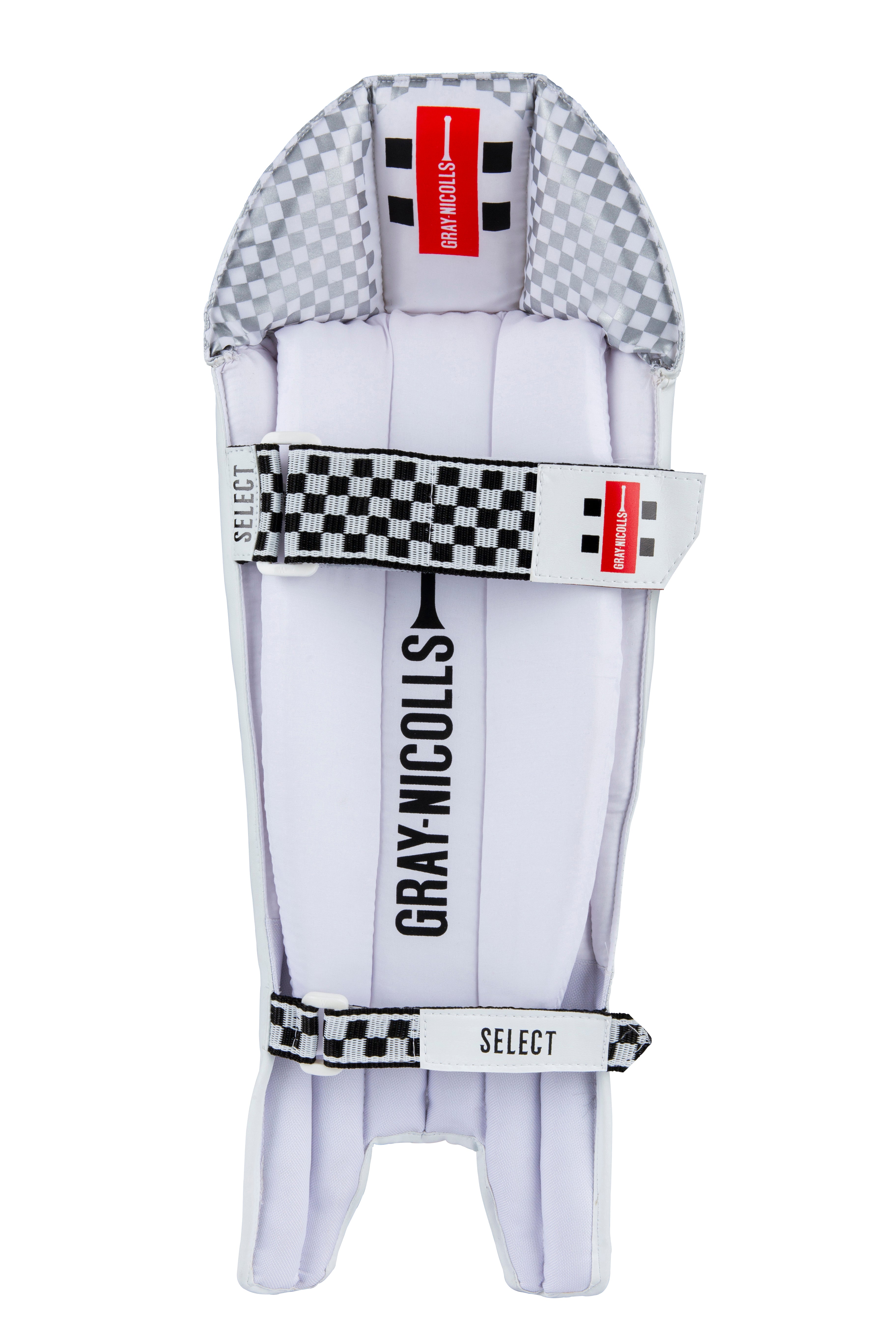The Gray Nicolls Select WK Pad 2026 is a white wicketkeeping pad with a classic cane design, black and grey checkered straps, two adjustable straps, multi-layer protection, and the brand name printed vertically on the front.