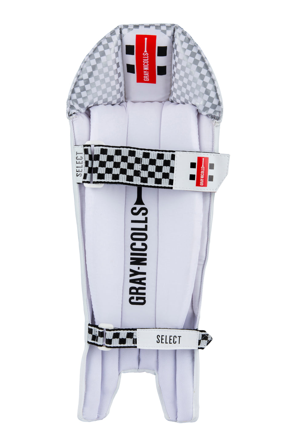 The Gray Nicolls Select WK Pad 2026 is a white wicketkeeping pad with a classic cane design, black and grey checkered straps, two adjustable straps, multi-layer protection, and the brand name printed vertically on the front.