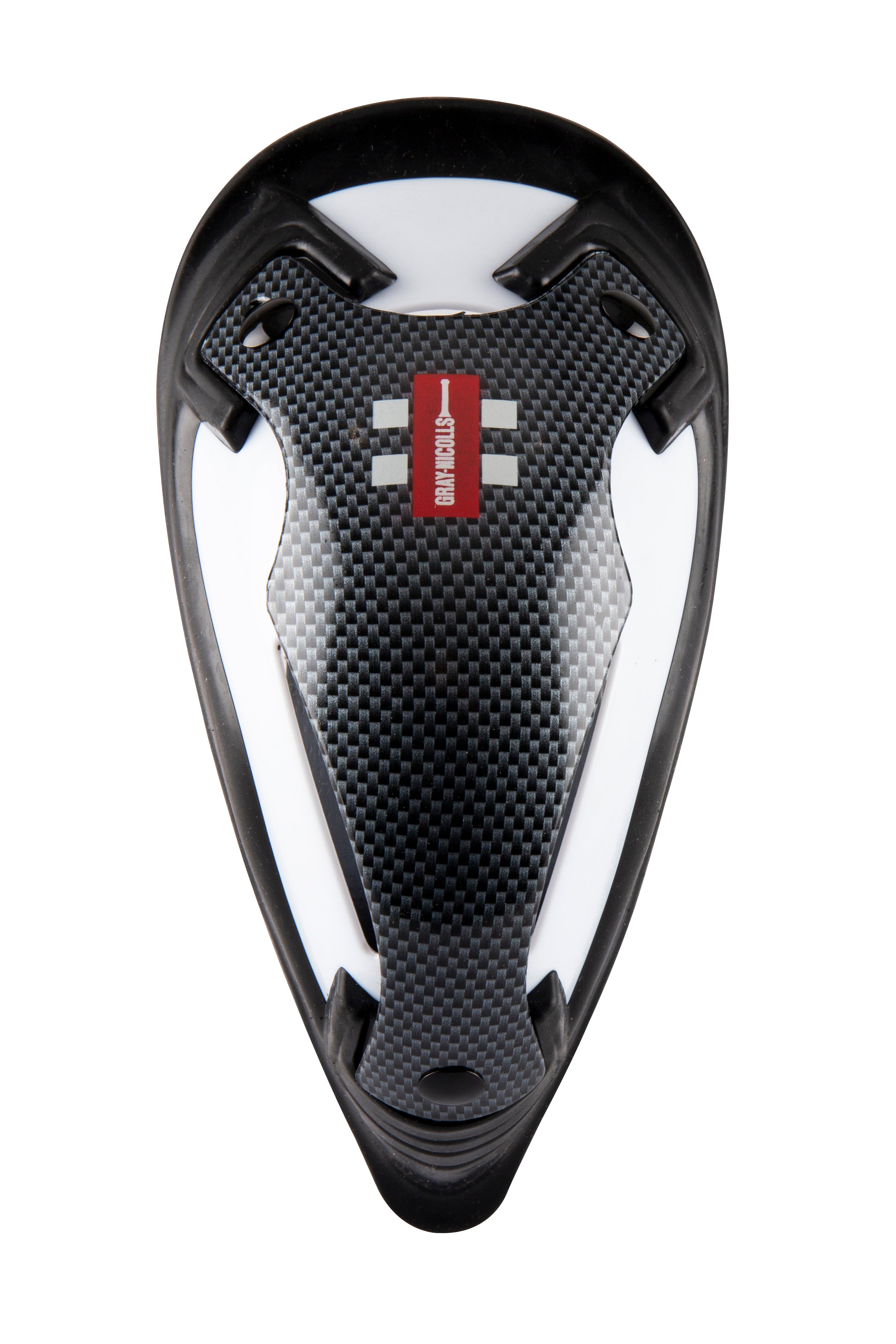 A close-up of the Gray Nicolls Carbon Test Abdo Guard, featuring a black and white carbon fiber texture and a small red label, designed for athletic use and high-impact protection by Gray Nicolls.