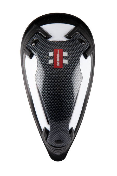 A close-up of the Gray Nicolls Carbon Test Abdo Guard, featuring a black and white carbon fiber texture and a small red label, designed for athletic use and high-impact protection by Gray Nicolls.