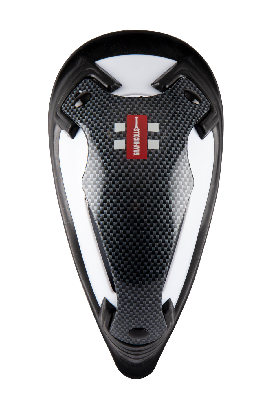 A close-up of the Gray Nicolls Carbon Test Abdo Guard, featuring a black and white carbon fiber texture and a small red label, designed for athletic use and high-impact protection by Gray Nicolls.