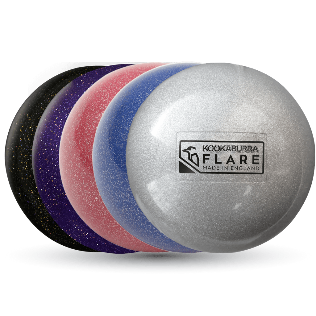 A colorful set of balls, including the Kookaburra Flare Hockey Ball by Kookaburra and a general practice ball, ideal for hockey training.