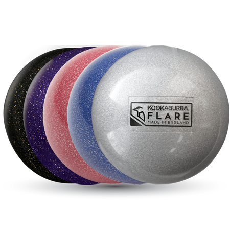 A colorful set of balls, including the Kookaburra Flare Hockey Ball by Kookaburra and a general practice ball, ideal for hockey training.
