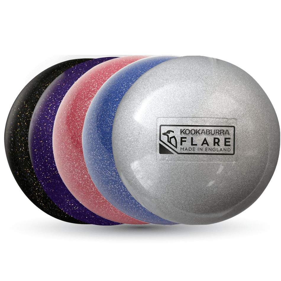 A colorful set of balls, including the Kookaburra Flare Hockey Ball by Kookaburra and a general practice ball, ideal for hockey training.