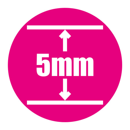 A pink circle with white up and down arrows, "5 mm" text, and two white horizontal lines highlight the 5mm melamine playing surface of the Butterfly Garden Rollaway 5000 Outdoor Table Tennis Table by Butterfly.
