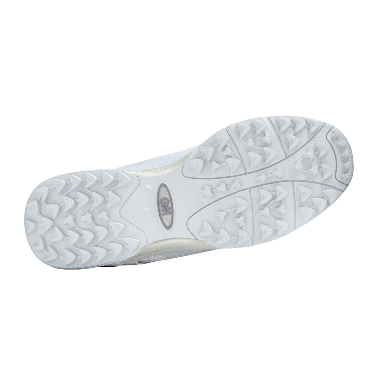 The image shows the white rubber outsole of the Gunn & Moore Icon All Rounder Junior cricket shoe, featuring triangular and textured tread patterns by Gunn & Moore for superior traction, grip, and enhanced arch support.