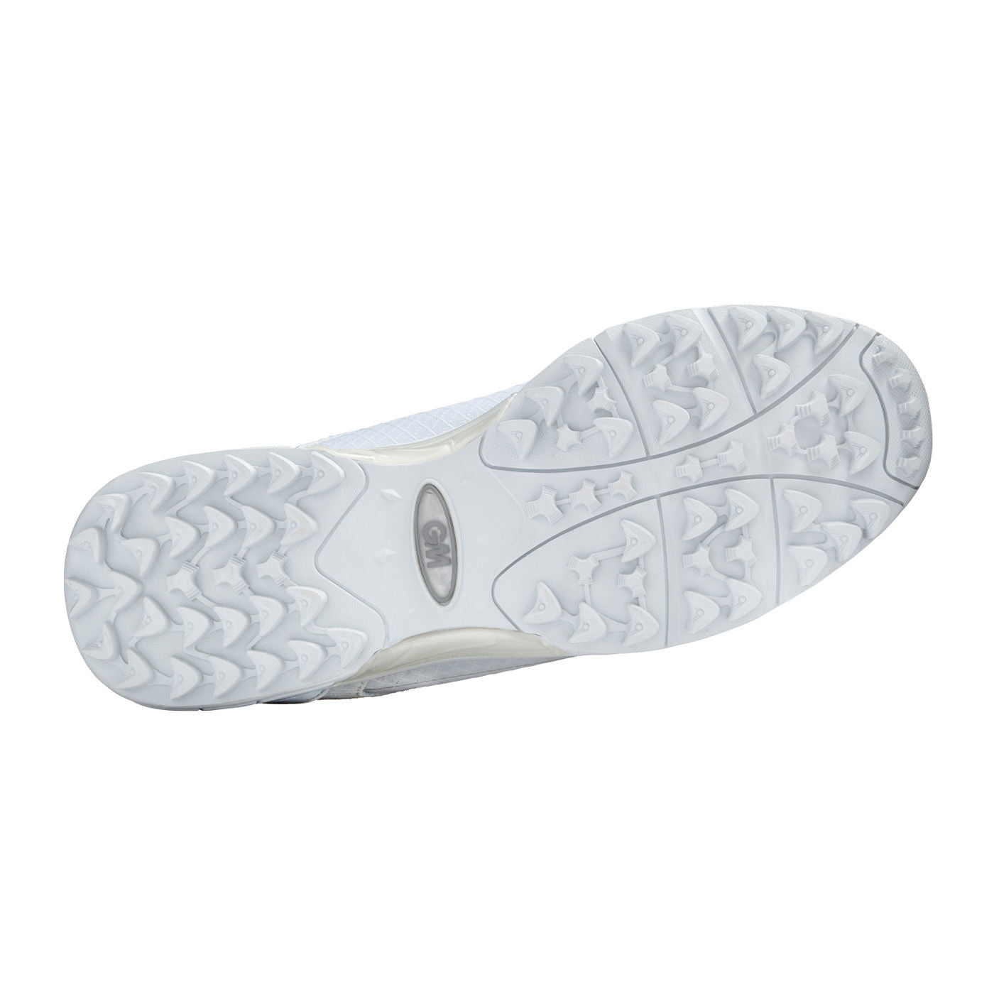 The image shows the white rubber outsole of the Gunn & Moore Icon All Rounder Junior cricket shoe, featuring triangular and textured tread patterns by Gunn & Moore for superior traction, grip, and enhanced arch support.