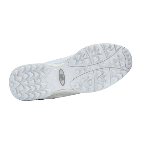 The image shows the white rubber outsole of the Gunn & Moore Icon All Rounder Junior cricket shoe, featuring triangular and textured tread patterns by Gunn & Moore for superior traction, grip, and enhanced arch support.