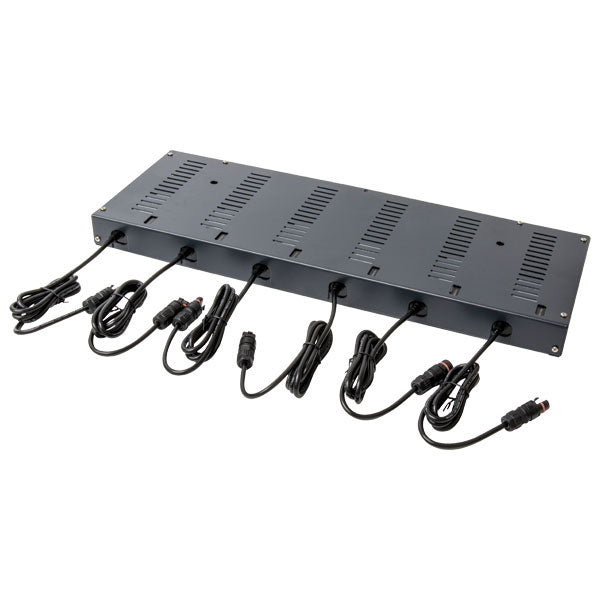 The Ritelite Sports Lite Six Way Charger is a black metal unit with six power cables plugged into one side, each neatly coiled. The charger features ventilation slots and screws on the top panel.