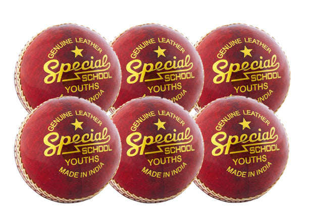 Six Readers Special School Cricket Balls by Readers—genuine leather, Made in India—arranged in two rows of three against a white background. Perfect for youth cricket; six-pack set.
