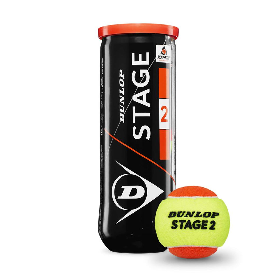 A black Dunlop Stage 2 Tennis Balls - Tube of Three stands next to a yellow and orange Dunlop Stage 2 ball, an ITF Approved beginners tennis ball with bold black text.