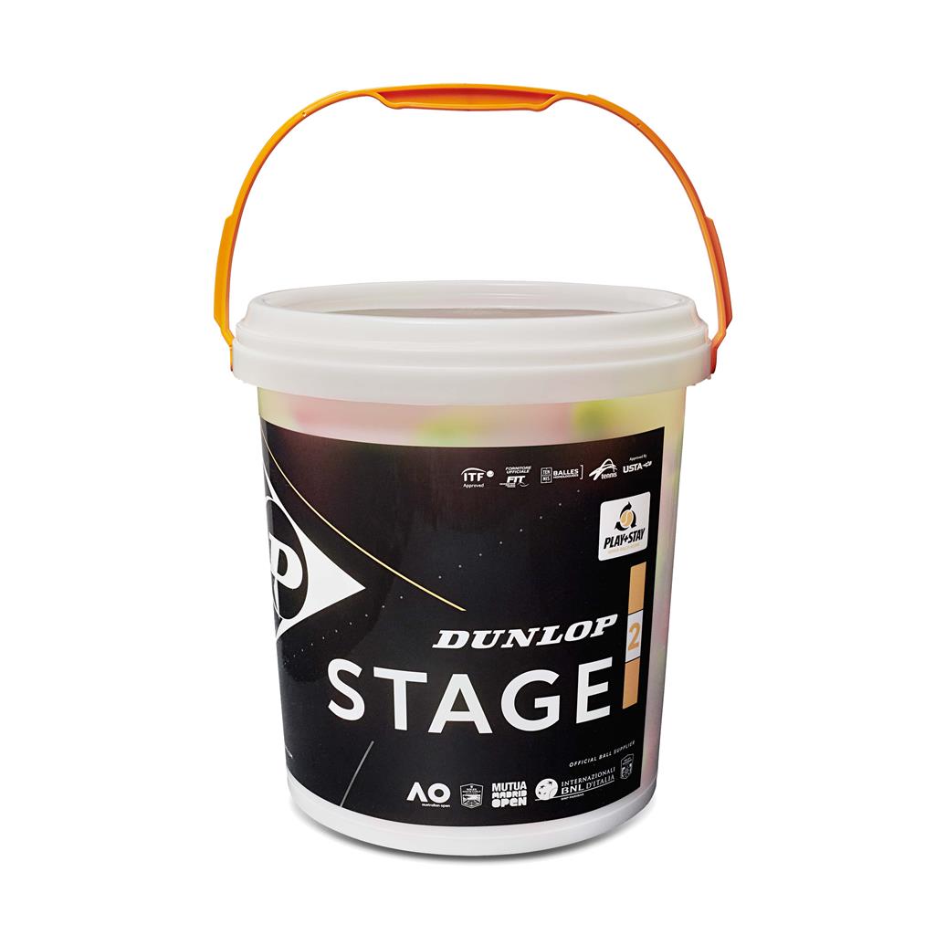 The Dunlop Stage 2 Tennis Balls - 60 Bucket by Dunlop is a white plastic bucket with an orange handle and a black Dunlop Stage 2 label, ideal for coaching or beginner tennis. The label includes multiple sport-related logos and text.