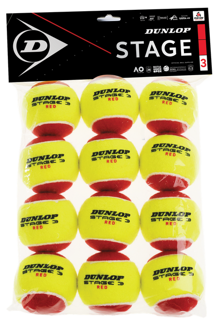 The Dunlop Stage 3 Tennis Balls - 12 Pack by Dunlop features yellow and red pressureless beginner balls in a clear plastic bag with a black and white Dunlop label.