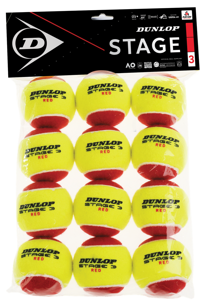 The Dunlop Stage 3 Tennis Balls - 12 Pack by Dunlop features yellow and red pressureless beginner balls in a clear plastic bag with a black and white Dunlop label.