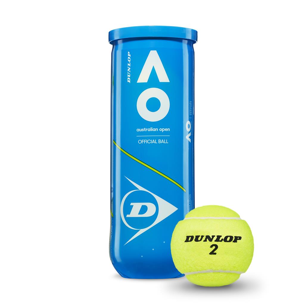 A blue canister labeled Dunlop Australian Open Tennis Balls - 3 Ball Tube stands upright beside a bright yellow Dunlop tennis ball, the official high-performance ball used in this Grand Slam tournament.