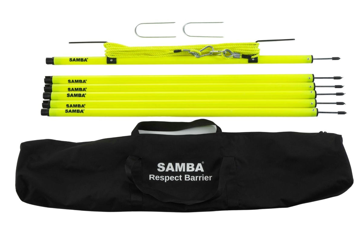 The Samba Elite Respect Crowd Barrier - 60m by Samba Sports includes six yellow poles, two metal ground hooks, yellow rope, and a black carrying bag labeled SAMBA Respect Barrier—ideal for crowds or mini soccer pitches.