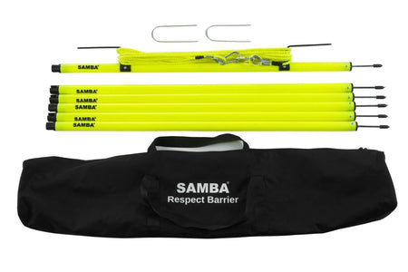 The Samba Elite Respect Crowd Barrier - 60m by Samba Sports includes six yellow poles, two metal ground hooks, yellow rope, and a black carrying bag labeled SAMBA Respect Barrier—ideal for crowds or mini soccer pitches.