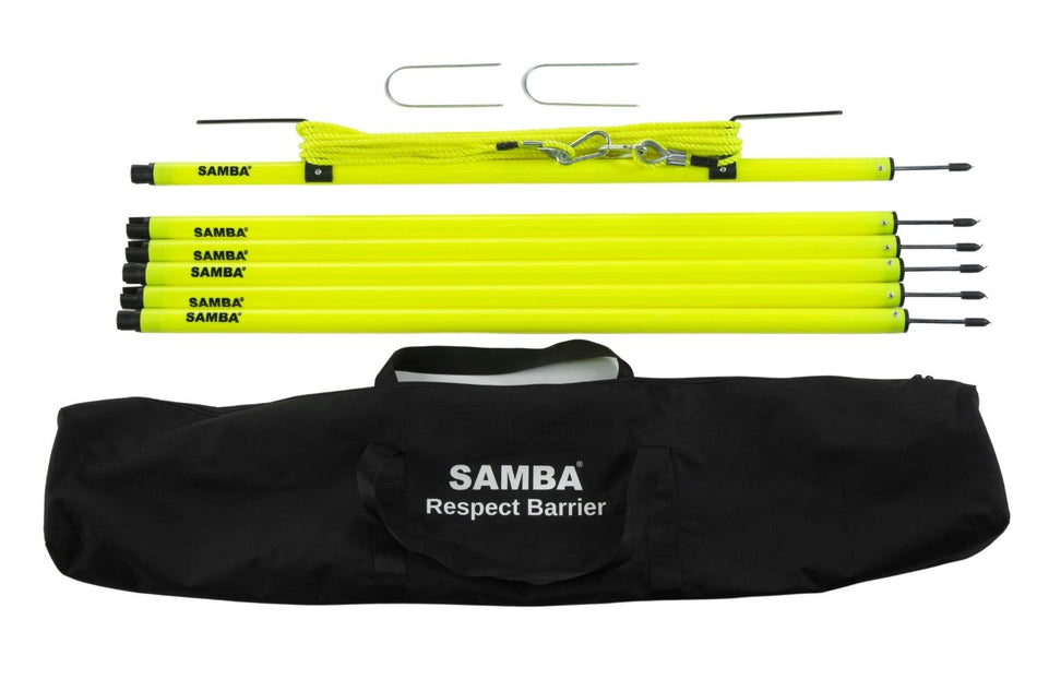 The Samba Elite Respect Crowd Barrier - 60m by Samba Sports includes six yellow poles, two metal ground hooks, yellow rope, and a black carrying bag labeled SAMBA Respect Barrier—ideal for crowds or mini soccer pitches.