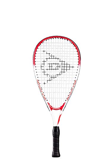 The Dunlop Fun Mini Squash Racket by Dunlop features a white frame with red and black accents and a black grip, shown vertically against a plain white background.