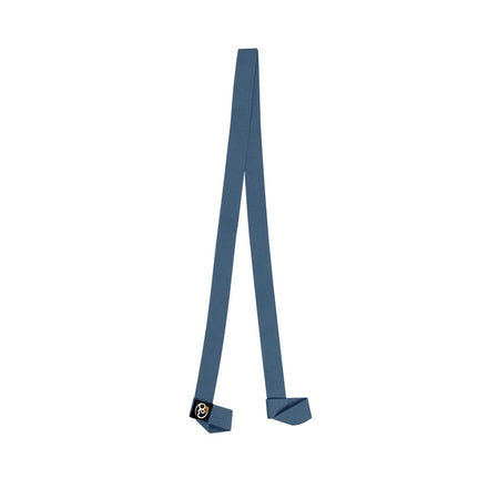 The Fitness Mad Fitness Belt & Mat Carry Strap, in blue with a black buckle, is displayed on a white background. Both ends are folded and the strap is arranged in an inverted V shape.