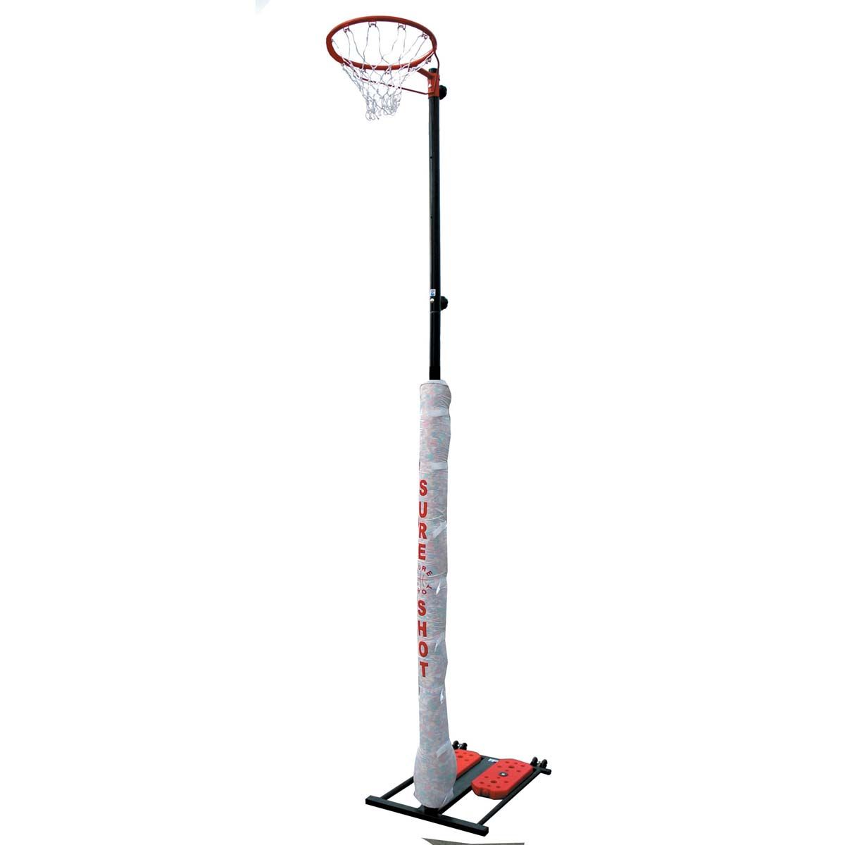 The Sure Shot Netball Pole Padding features weather-resistant padding labeled Sure Shot, a red hoop, white net, and a black base with red weights.