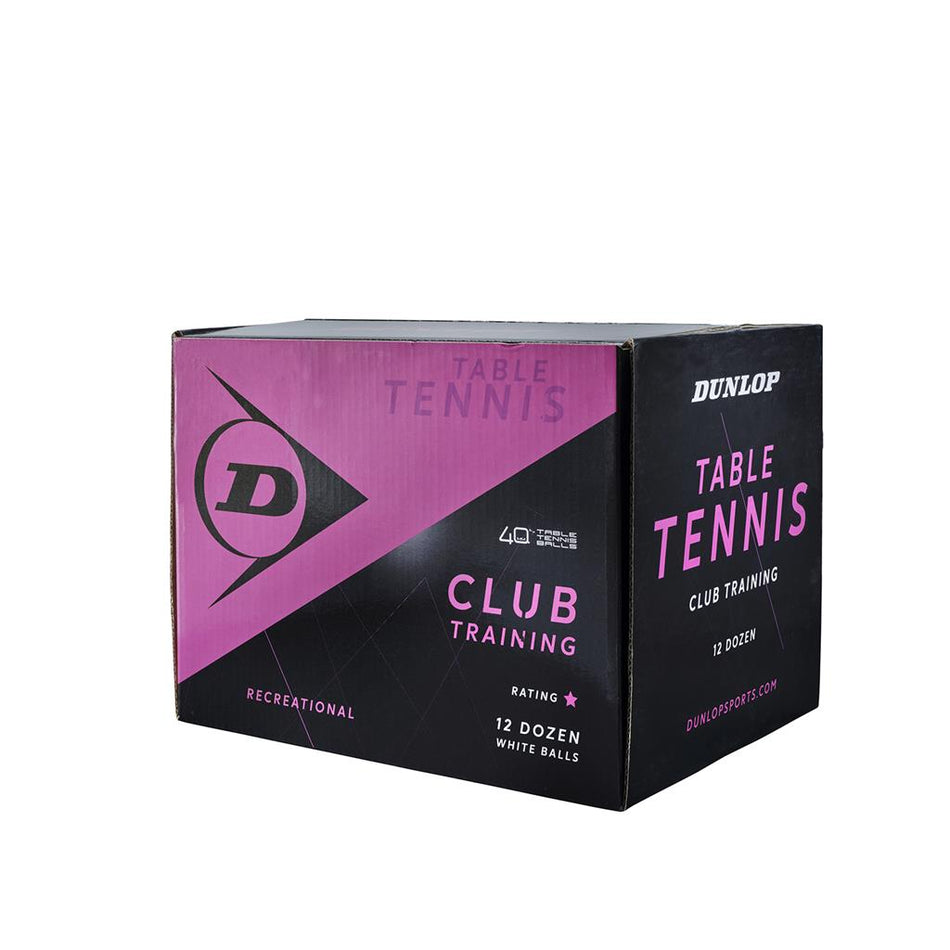 The Dunlop Club Table Tennis Training Balls (144) box features the Dunlop logo and contains 144 quality 40mm ping pong balls for recreational table tennis training.