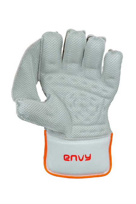The Hunts County Envy Wicket Keeping Gloves feature textured neoprene pimple facing, orange trim, and a padded cuff. The gray gloves are shown palm up with "ENVY" in red on the wrist strap. Brand: Hunts County.