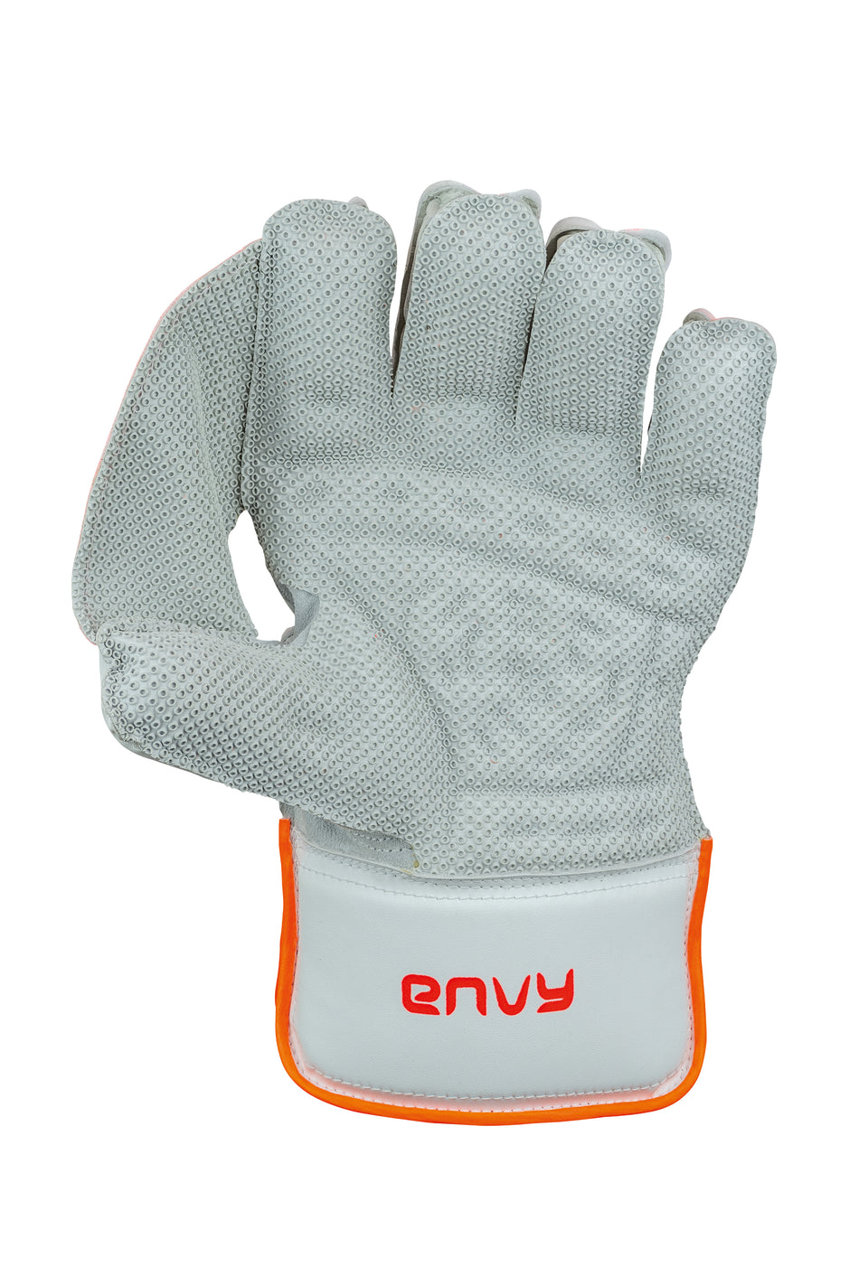The Hunts County Envy Wicket Keeping Gloves feature textured neoprene pimple facing, orange trim, and a padded cuff. The gray gloves are shown palm up with "ENVY" in red on the wrist strap. Brand: Hunts County.