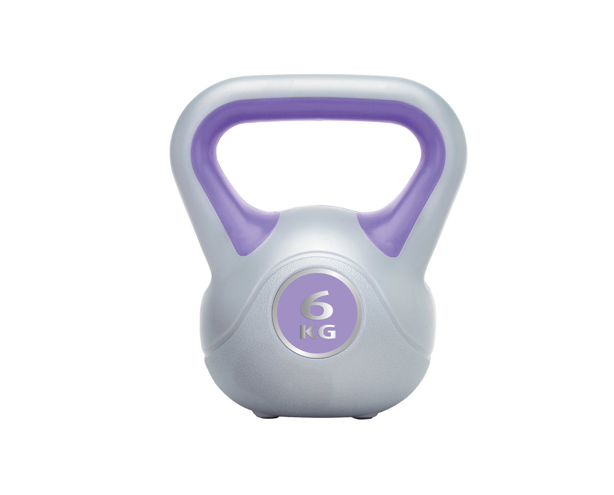The Urban Fitness Vinyl Kettlebell features a light gray body, purple handle, and a front label showing “6 KG” in white and purple—ideal for building functional strength and core stability.