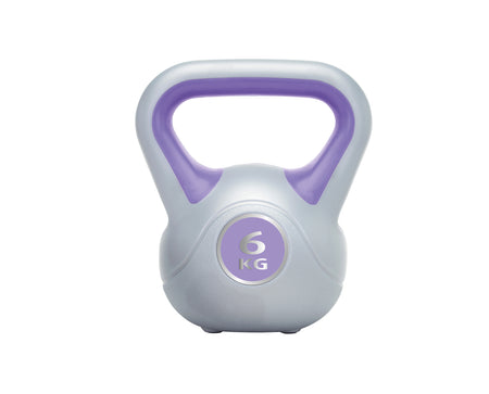 The Urban Fitness Vinyl Kettlebell features a light gray body, purple handle, and a front label showing “6 KG” in white and purple—ideal for building functional strength and core stability.