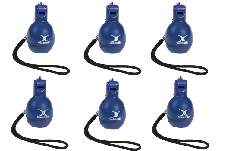 Six Gilbert Squeezy Whistles, each blue with a black lanyard and the white Gilbert logo, are arranged in two rows of three against a white background—ideal for PE teachers.