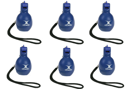 Six Gilbert Squeezy Whistles, each blue with a black lanyard and the white Gilbert logo, are arranged in two rows of three against a white background—ideal for PE teachers.