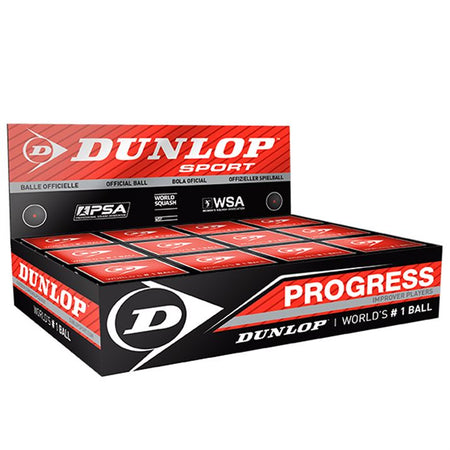 The Dunlop Progress 1 Ball Box x 12 display box features the World’s #1 Ball, perfect for skill development of improver or recreational players. The red, black, and white Dunlop box contains twelve individual squash balls.